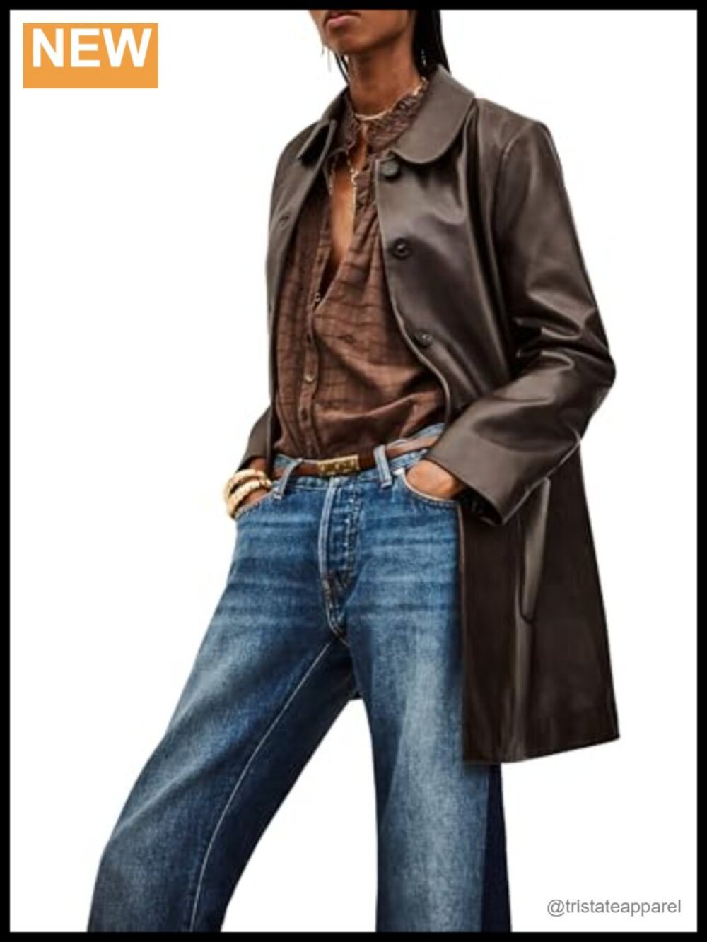 100% Leather Long Coat Snap Closure Straight Fit